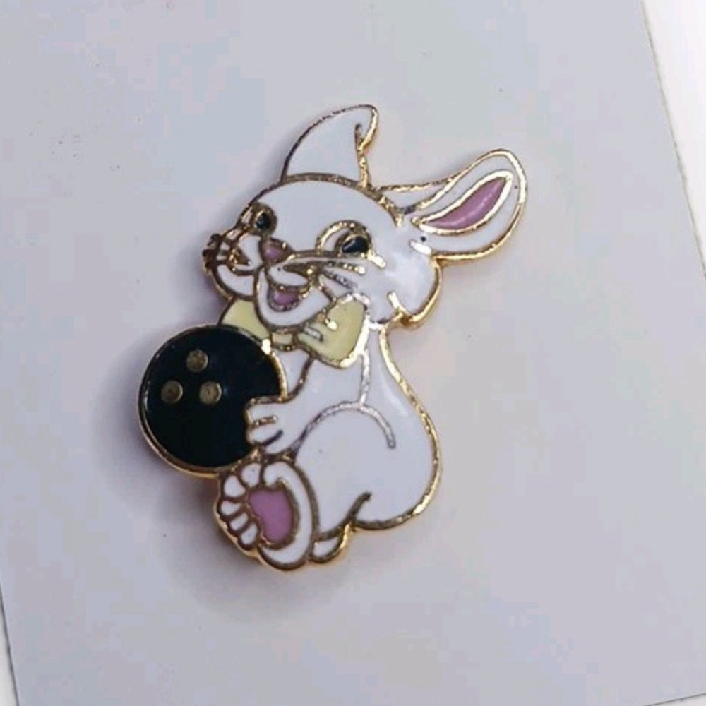 Vintage Bunny Rabbit Bowling Lapel Hat Pin Easter
